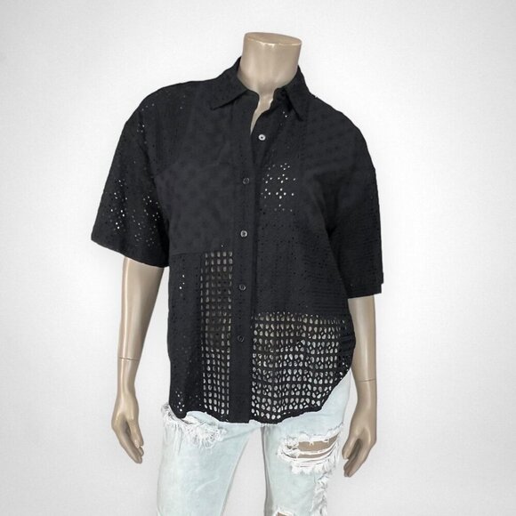 Rails Tops - RAILS Yuri Shirt Black Eyelet Mix Button Down Black Top XS Petite Summer